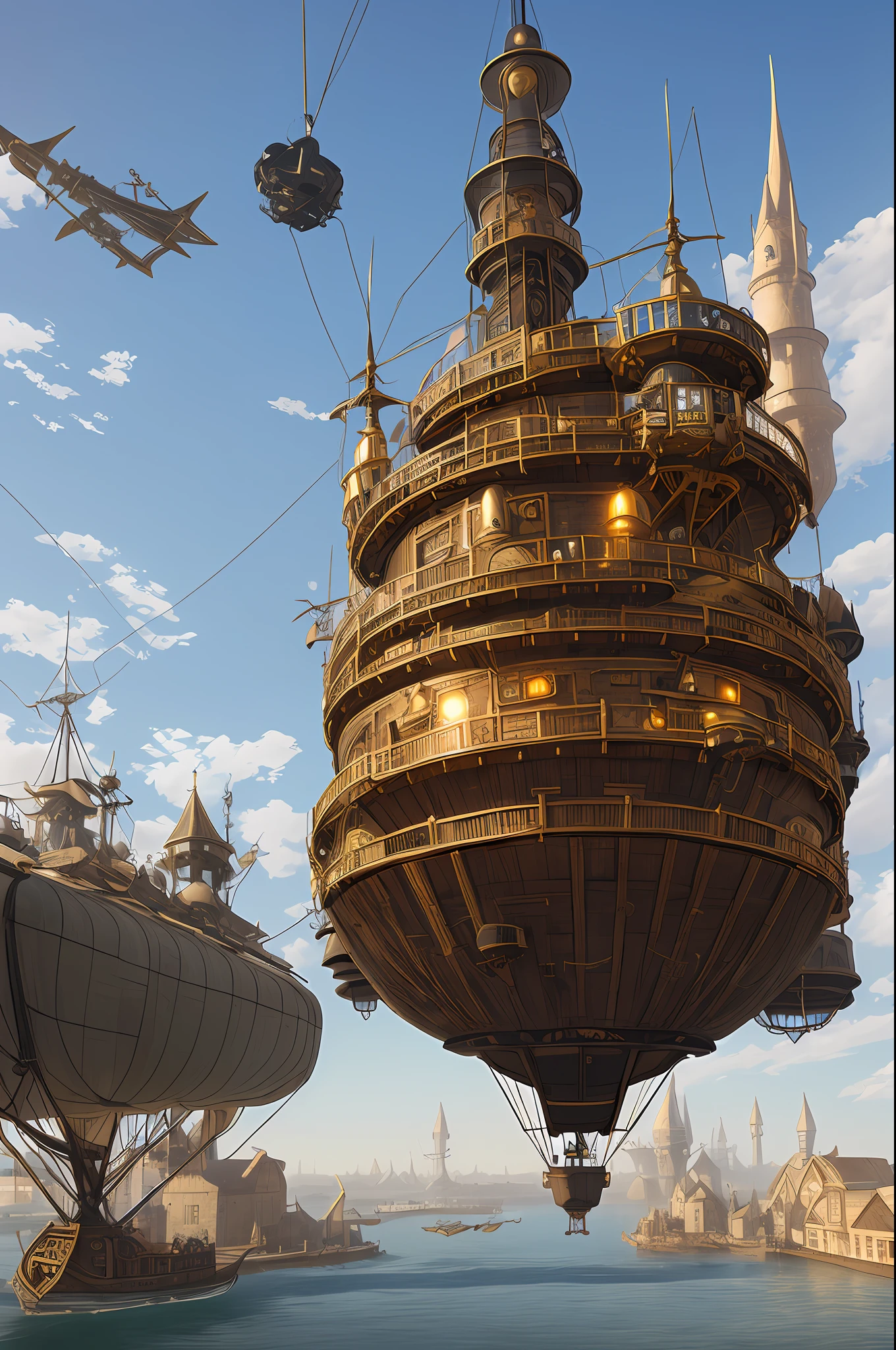 steampunk airship flies towards a medieval floating city