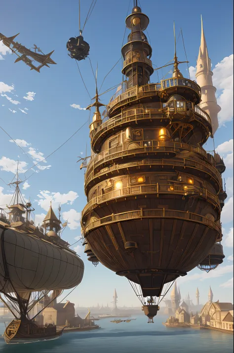 steampunk airship flies towards a medieval floating city