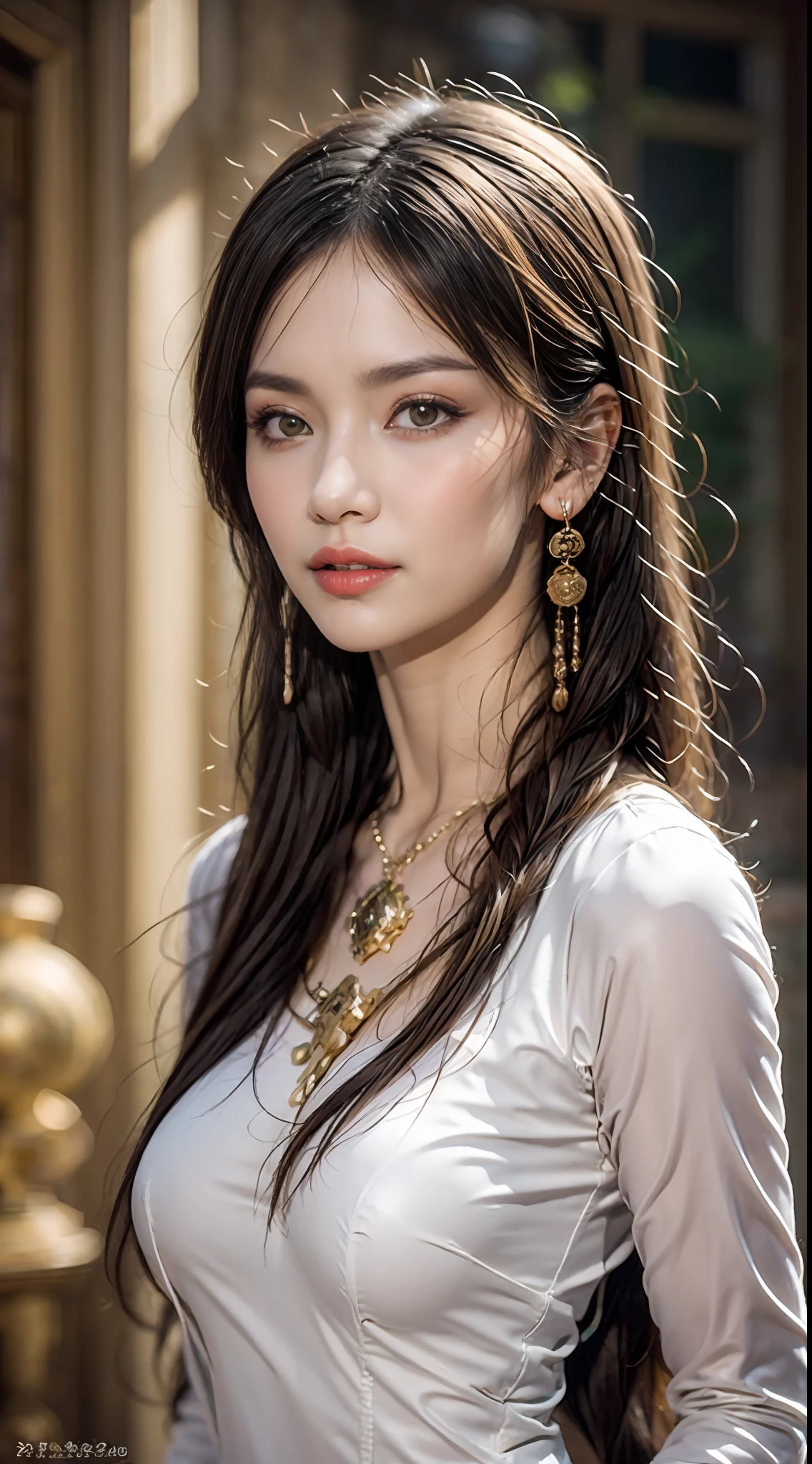 Portrait of a young 20-year-old saint, a saint with a beautiful and super cute face, Chinese doll, super cute face, holy woman wearing a combination of ao dai and thin pants with red color and yellow lace trim, beautiful face without blemishes, shut up, ((long hair seven colors rainbow:1.2)), Front bangs, long straight hair tied neatly,, hair brooch, hanfu dress, chinese ancient style, Neck and hand necklaces, small earrings, hair jewelry, hair brooches, ao dai with many meticulous motifs, forehead tattoo,Big and round breasts, The female saint's breasts are round and very full, breast augmentation, innocent face, The most beautiful and detailed light red lipstick, ((Thin plump lips:0.3)), ((Golden eyes:1.2)), The eyes are delicately decorated,(white and detailed) cinematic, light and dark, dramatic lighting, magical light, extremely detailed light, true color, super sharp, realistic, 8k quality, fantasy universe background, saints and magical space, the most detailed images, Solo, a saintess, ((looking directly at the saint's upper body:0.4)), ((smooth skin:0.5)), Extremely detailed pixels, super true, extremely detailed and complex graphics, the highest resolution, close-up portrait,