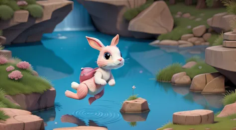 "Pink rabbit jumping between the rocks in the pond" ((best quality)), ((masterpiece)), (detailed: 1.4), 3D
