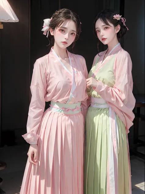 1girl,(hanfu, pink short shan,  gradient green pleated skirt, pink songmo),(upper body:1.5),face focus, ultra high res, (photore...