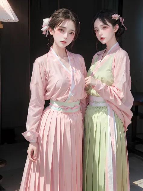 1girl,(hanfu, pink short shan,  gradient green pleated skirt, pink songmo),(upper body:1.5),face focus, ultra high res, (photorealistic:1.4), raw photo,16K,dramatic lighting,