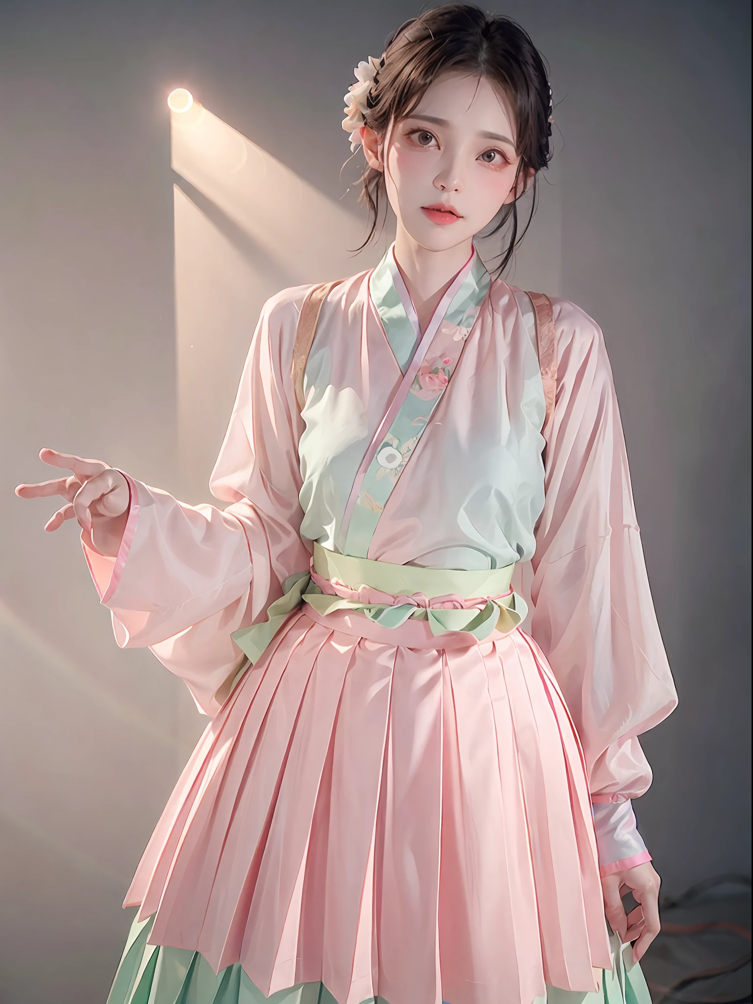 1 девушка,(Ханьфу, розовый короткий шань,  зеленая плиссированная юбка с градиентом, розовый сонмо),(верхняя часть тела:1.5),фокус на лице, сверхвысокое разрешение, (фотореалистичный:1.4), Необработанное фото,16К,Драматическое освещение,