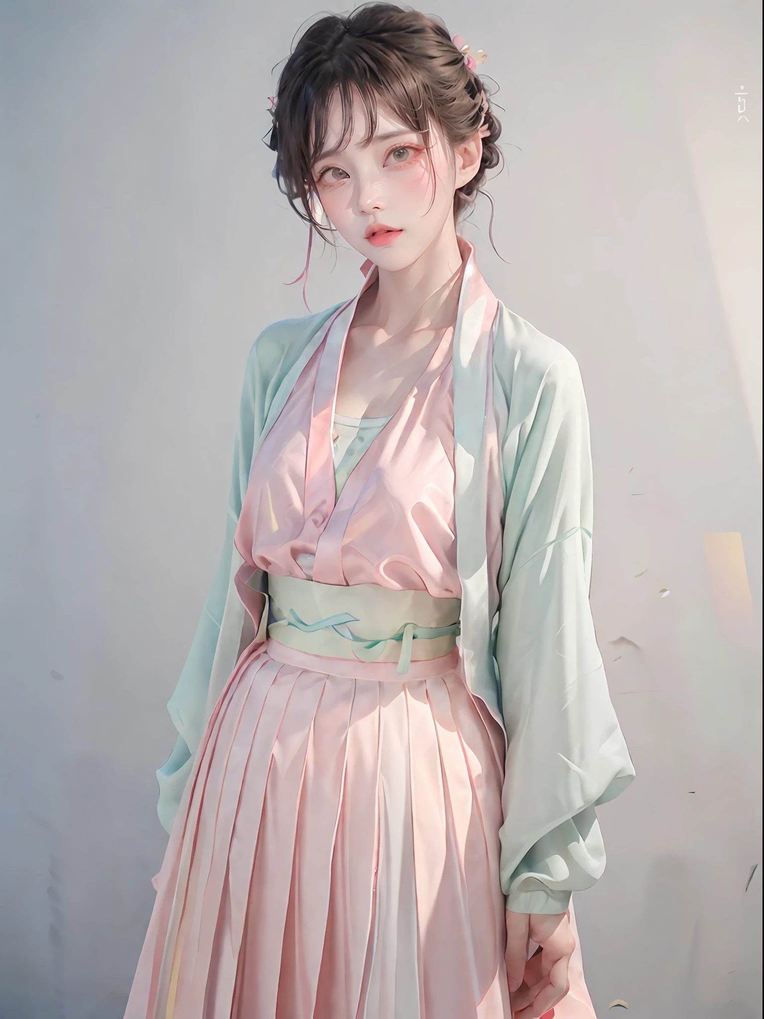 1 chica,(hanfu, shan corto rosa,  falda plisada verde degradado, canción rosa),(parte superior del cuerpo:1.5),Enfoque facial, resolución ultra alta, (Fotorrealista:1.4), foto en bruto,16k,iluminación dramática,