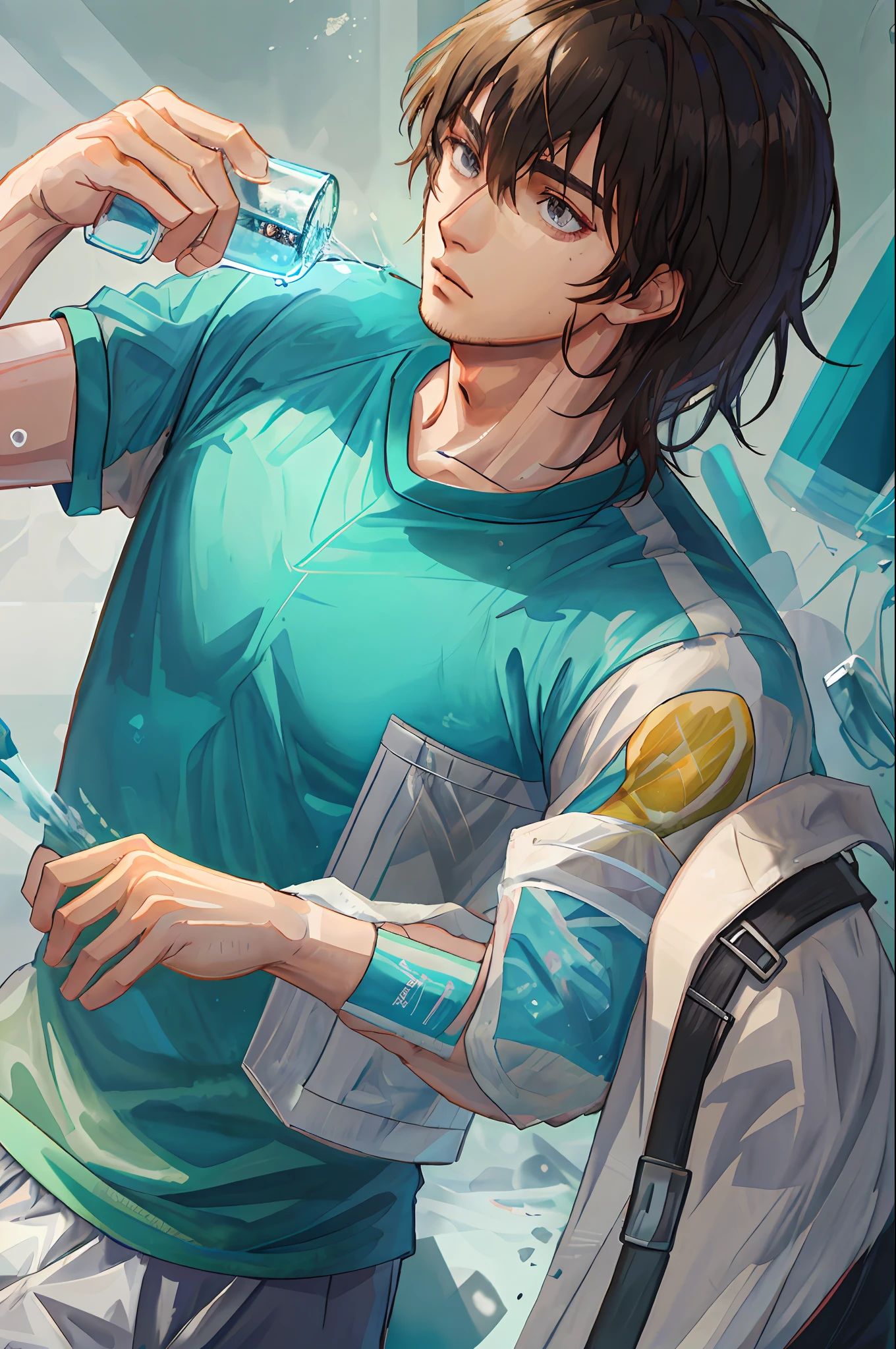 Brunette handsome guy drinking mineral water sweating sportswear strong man