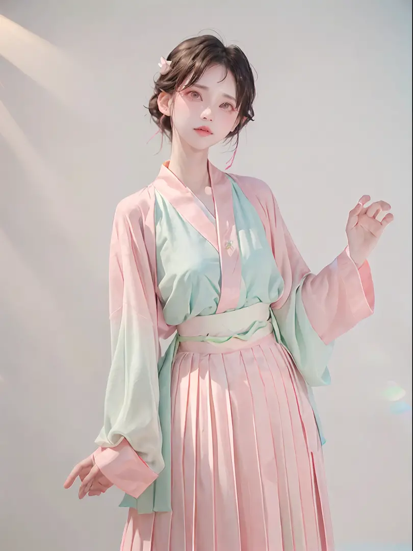 1girl,(hanfu, pink short shan,  gradient green pleated skirt, pink songmo),(upper body:1.5),face focus, ultra high res, (photorealistic:1.4), raw photo,16K,dramatic lighting,