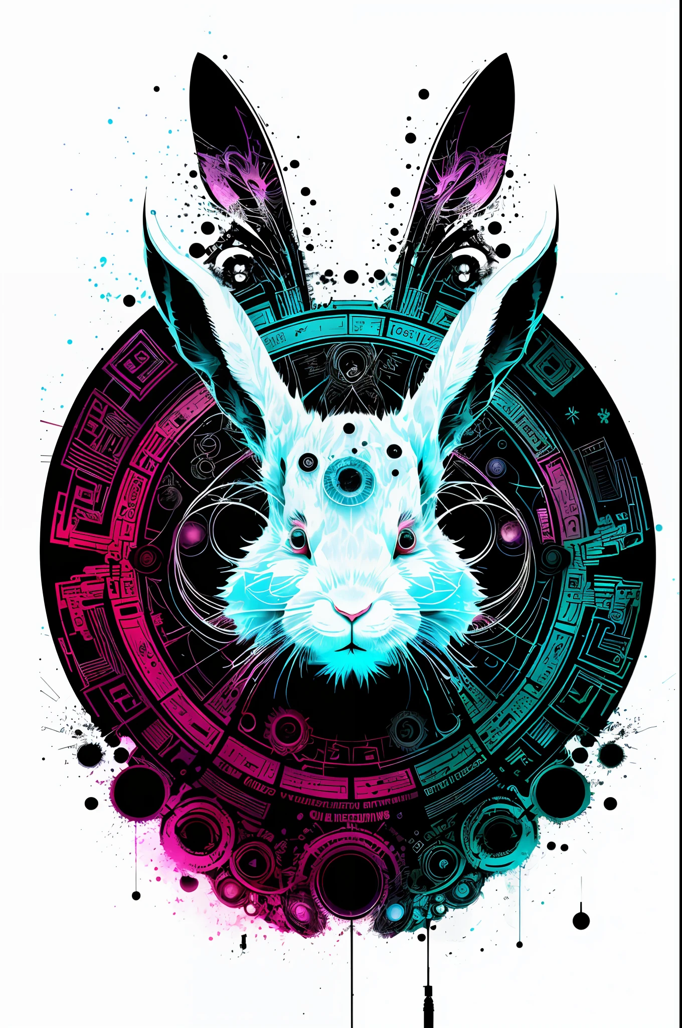 in the style of 0mib，T-shirt design,Cyberpunk White Rabbit，Prismatic fragments，Reflect fractal circles，ink spatter，Melted brushstrokes，particles vortex，dramatic  lighting，high high quality， Beautiful，tmasterpiece