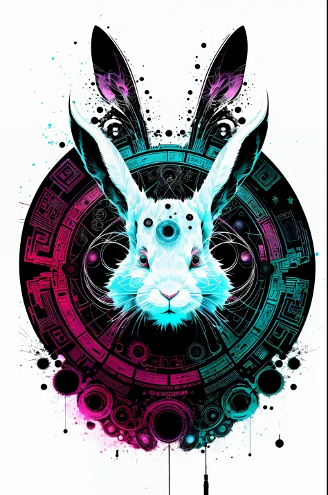 in the style of 0mib，t-shirt design,cyberpunk white rabbit，prismatic fragments，reflect fractal circles，ink spatter，melted brushs...