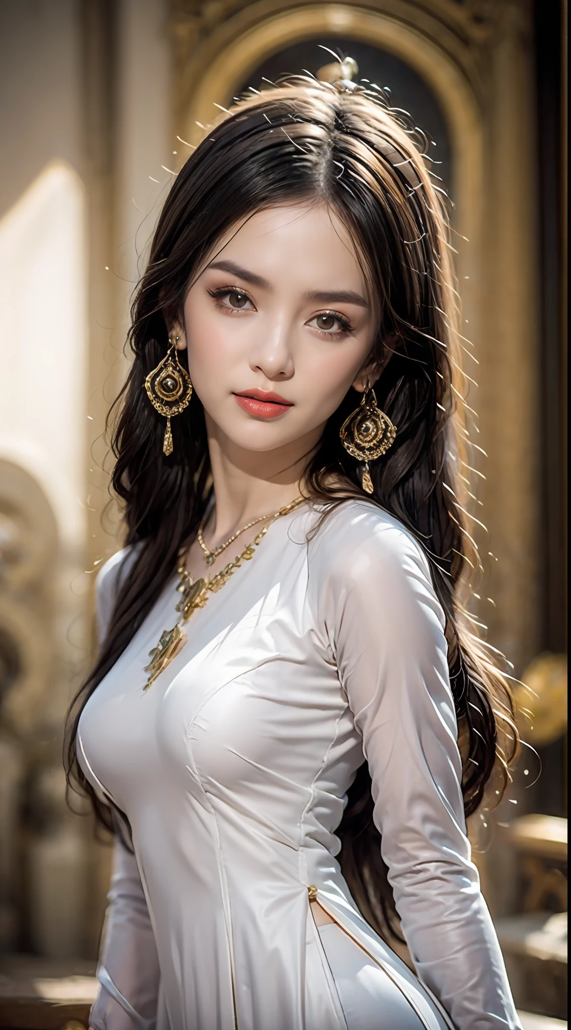 Portrait of a young 20-year-old saint, a saint with a beautiful and super cute face, Chinese doll, super cute face, holy woman wearing a combination of ao dai and thin pants with red color and yellow lace trim, beautiful face without blemishes, shut up, ((long hair seven colors rainbow:1.2)), Front bangs, long straight hair tied neatly,, hair brooch, hanfu dress, chinese ancient style, Neck and hand necklaces, small earrings, hair jewelry, hair brooches, ao dai with many meticulous motifs, forehead tattoo,Big and round breasts, The female saint's breasts are round and very full, breast augmentation, innocent face, The most beautiful and detailed light red lipstick, ((Thin plump lips:0.3)), ((Golden eyes:1.2)), The eyes are delicately decorated,(white and detailed) cinematic, light and dark, dramatic lighting, magical light, extremely detailed light, true color, super sharp, realistic, 8k quality, fantasy universe background, saints and magical space, the most detailed images, Solo, a saintess, ((looking directly at the saint's upper body:0.4)), ((smooth skin:0.5)), Extremely detailed pixels, super true, extremely detailed and complex graphics, the highest resolution, close-up portrait,