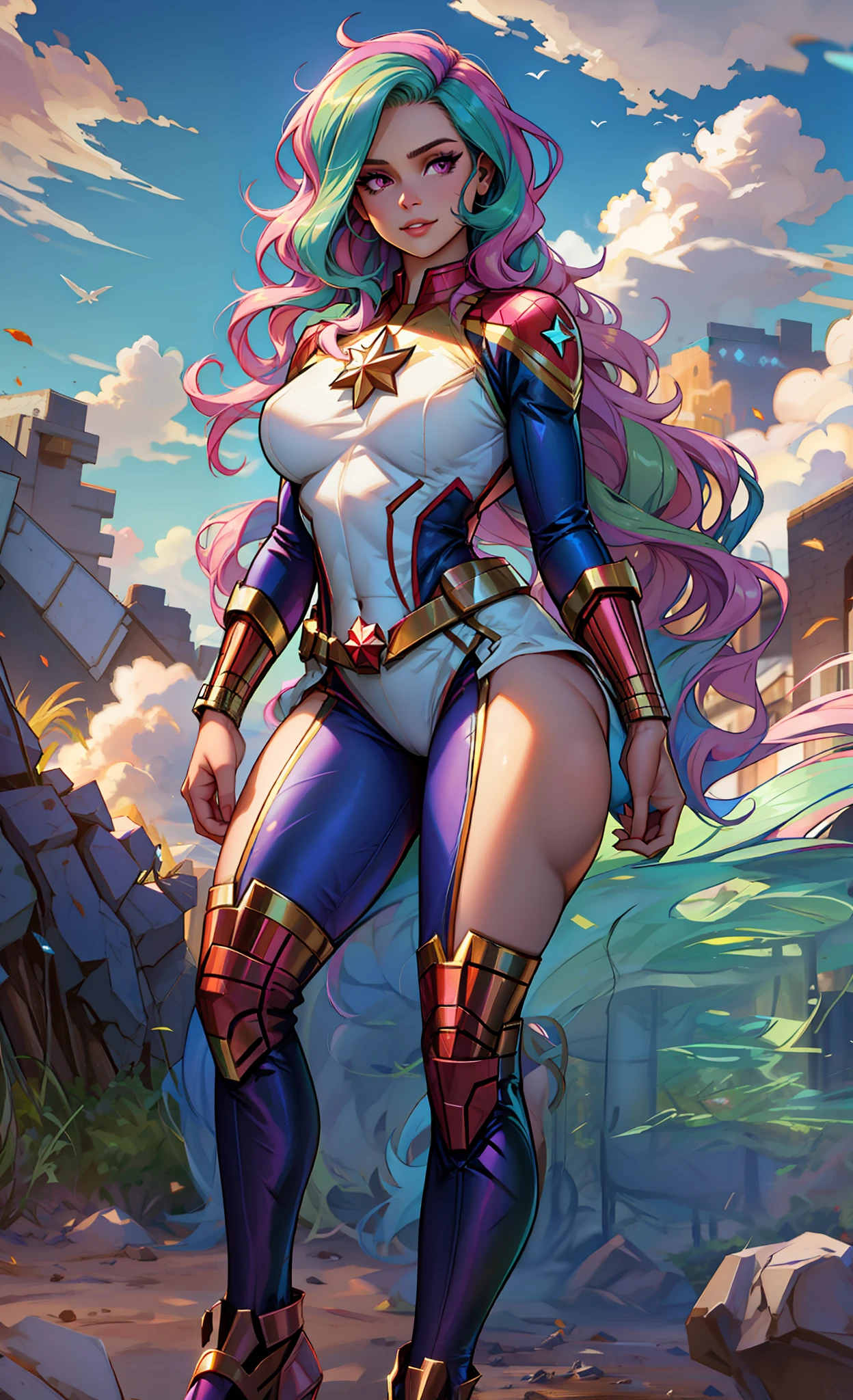 Princess celestia, Huge-breasts, Lush breasts, Elastic breasts, hairlong, Luxurious hairstyle, In the costume of Captain Marvel, in the sky, superhero, in full height, Evil Look, Magic, Flight beam, beste-Qualit, Very detailed, 8K quality, in full height, naked ass, No clothes, naked breasts, You can see the nipples, naked torso, Completely naked, Bare , nudism, naked vagina