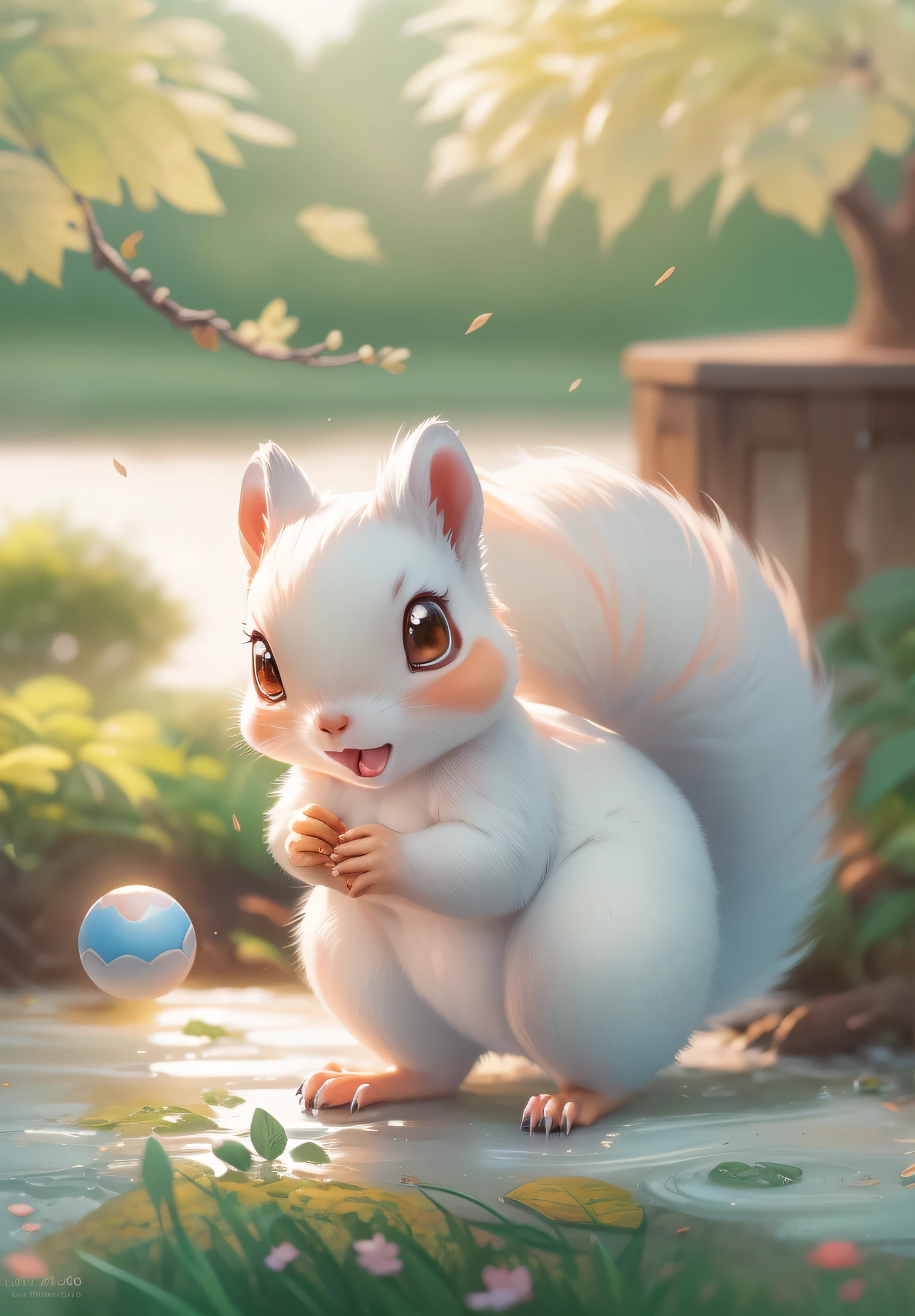 (digital painting),(best quality), (White, cute squirrel), strong, china, cure sunshine, panorama,full body,chibi,8k ultra-realistic, pastel color scheme, soft lighting, golden hour, tranquil atmosphere,blurry, depth of field,  blurry foreground, blurry_background, watermark, artist_name, pokemon_\(creature\),  web_address, ball, open mouth