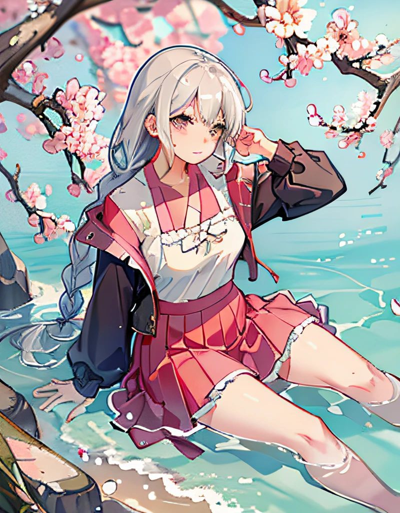 cherry blossoms,braided bangs,swimsuit,1girl,illustration,masterpiece,best quality,light blush,grey hair,medium_breasts,long skirt