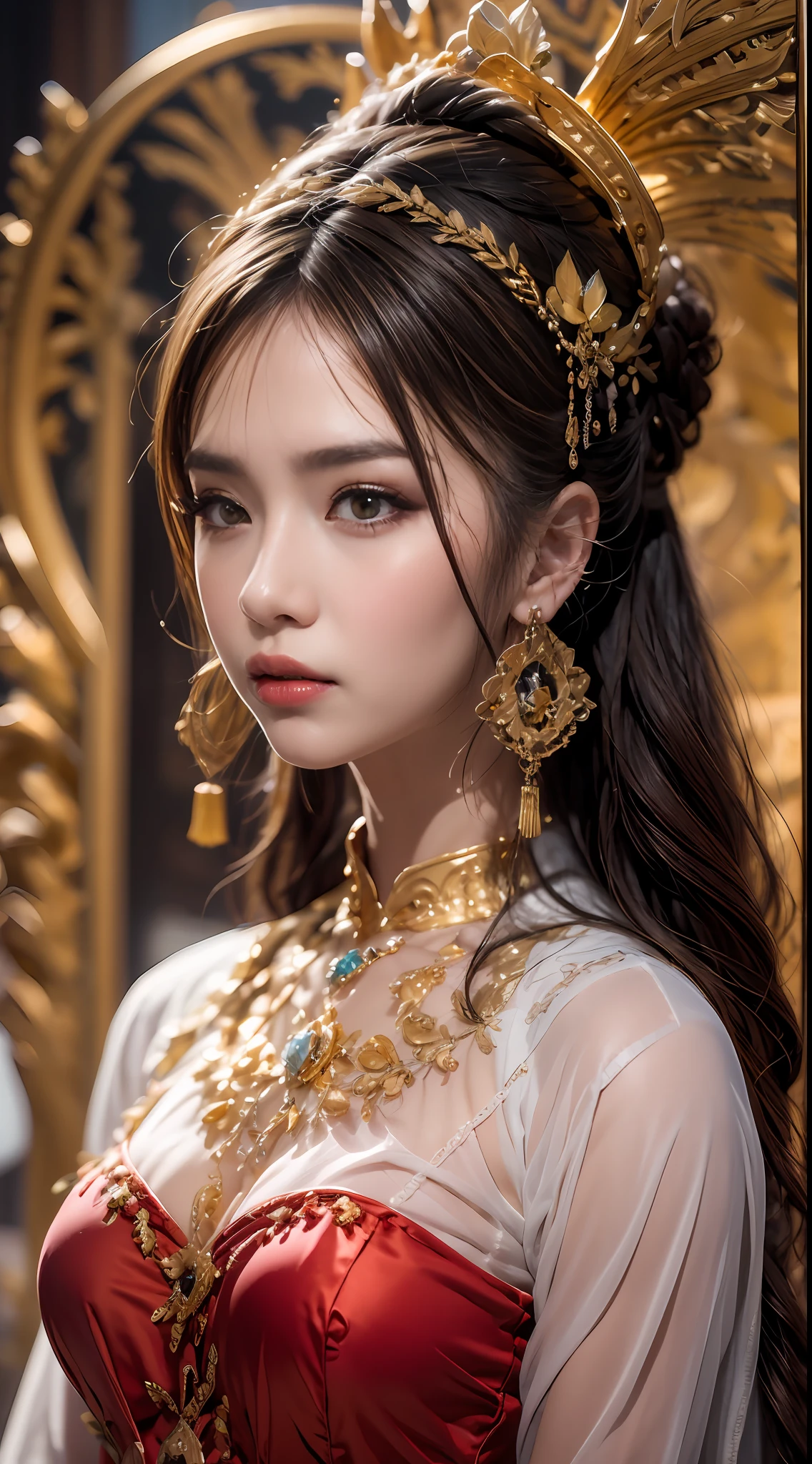 Portrait of a young 20-year-old saint, a saint with a beautiful and super cute face, Chinese doll, super cute face, holy woman wearing a combination of ao dai and thin pants with red color and yellow lace trim, beautiful face without blemishes, shut up, ((long hair seven colors rainbow:1.2)), Front bangs, long straight hair tied neatly,, hair brooch, hanfu dress, chinese ancient style, Neck and hand necklaces, small earrings, hair jewelry, hair brooches, ao dai with many meticulous motifs, forehead tattoo,Big and round breasts, The female saint's breasts are round and very full, breast augmentation, innocent face, The most beautiful and detailed light red lipstick, ((Thin plump lips:0.3)), ((Golden eyes:1.2)), The eyes are delicately decorated,(white and detailed) cinematic, light and dark, dramatic lighting, magical light, extremely detailed light, true color, super sharp, realistic, 8k quality, fantasy universe background, saints and magical space, the most detailed images, Solo, a saintess, ((looking directly at the saint's upper body:0.4)), ((smooth skin:0.5)), Extremely detailed pixels, super true, extremely detailed and complex graphics, the highest resolution, close-up portrait,