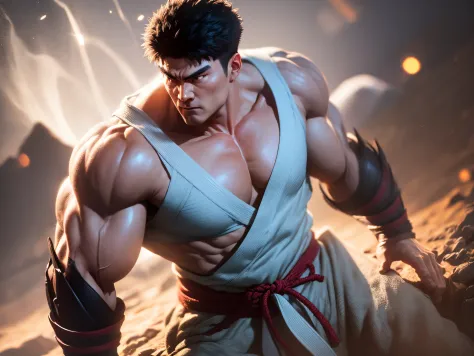 the imposing and courageous representation of Ryu;;, lutador do jogo Street Fighter, in combat poses on top of a mountain at nig...