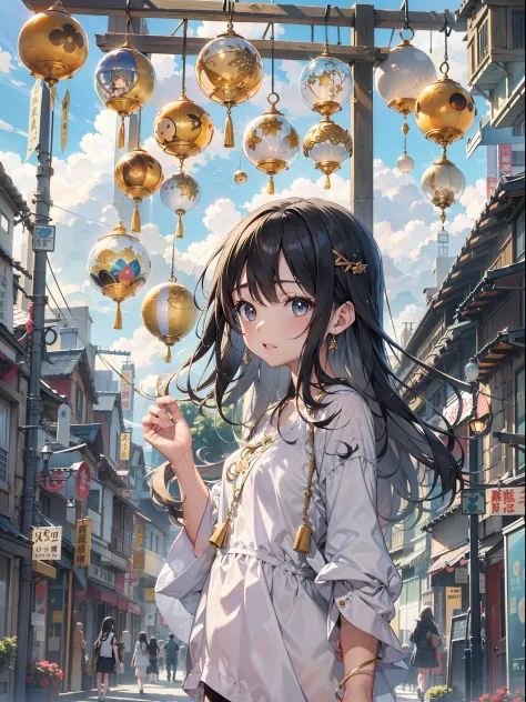 Top image quality　Original Characters、Urban girl、summer clothing、Long Black Hair、Holding a small zaguruma in your hand、A city made up of glass wind chimes、Gold and silver swim on the ground、Giant Entrance Cloud