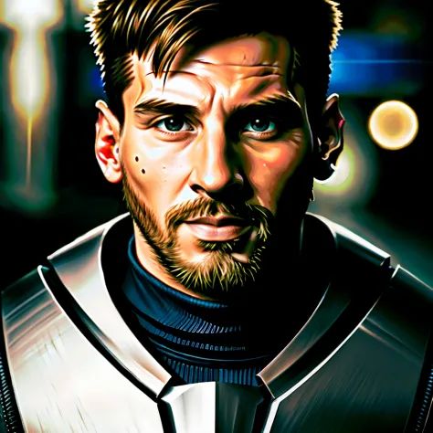 portrait photo of handsome man (lonel messi) in a worn mech suit, ((light bokeh)), intricate, (steel metal [rust]), elegant, sha...