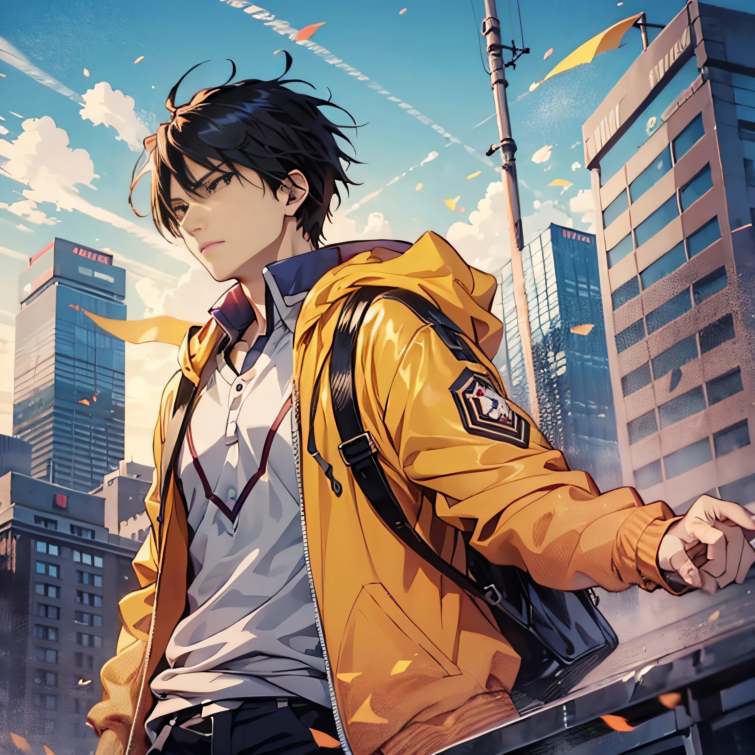 Anime male student，Orange jacket，Floating in the air，Back shadow