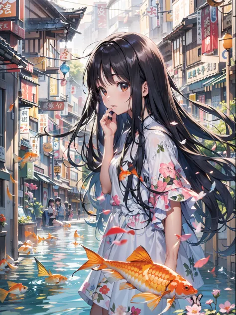 Top image quality　Original Characters、City girl、summer clothing、Long Black Hair、A city made up of Japan glass wind chimes、Goldfish swim on the ground