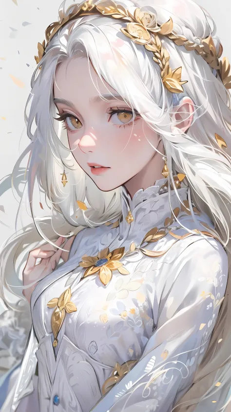 best quality, masterpiece,white hair, gold eyes,white clothes, looking up, upper body,hair strand,Fair skin,side braids