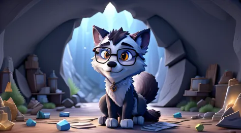 "A cute wolf with glasses, in his cave full of crystals" ((best quality)), ((masterpiece)), (detailed: 1.4), 3D