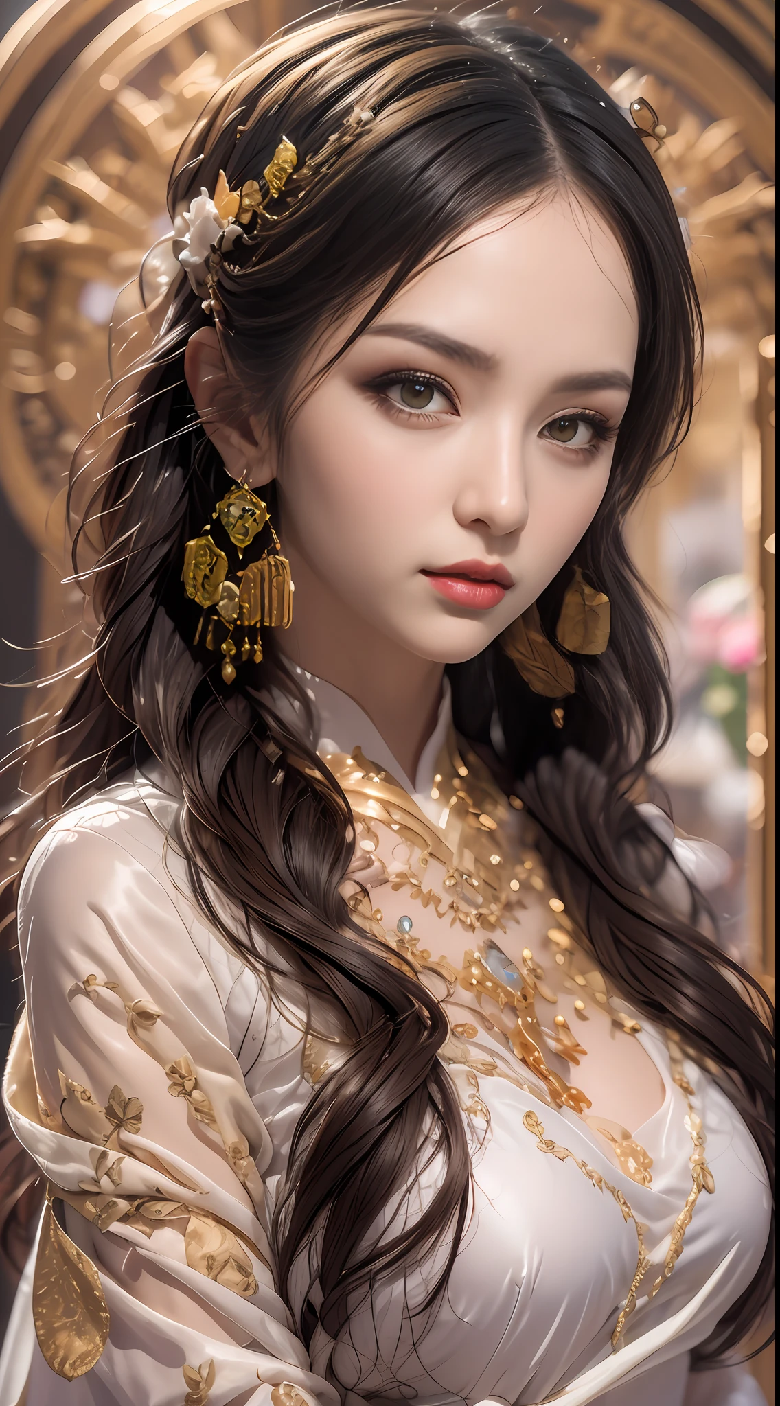 Portrait of a young 20-year-old saint, a saint with a beautiful and super cute face, Chinese doll, super cute face, holy woman wearing a combination of ao dai and thin pants with red color and yellow lace trim, beautiful face without blemishes, shut up, ((long hair seven colors rainbow:1.2)), Front bangs, long straight hair tied neatly,, hair brooch, hanfu dress, chinese ancient style, Neck and hand necklaces, small earrings, hair jewelry, hair brooches, ao dai with many meticulous motifs, forehead tattoo,Big and round breasts, The female saint's breasts are round and very full, breast augmentation, innocent face, The most beautiful and detailed light red lipstick, ((Thin plump lips:0.3)), ((Golden eyes:1.2)), The eyes are delicately decorated,(white and detailed) cinematic, light and dark, dramatic lighting, magical light, extremely detailed light, true color, super sharp, realistic, 8k quality, fantasy universe background, saints and magical space, the most detailed images, Solo, a saintess, ((looking directly at the saint's upper body:0.4)), ((smooth skin:0.5)), Extremely detailed pixels, super true, extremely detailed and complex graphics, the highest resolution, close-up portrait,