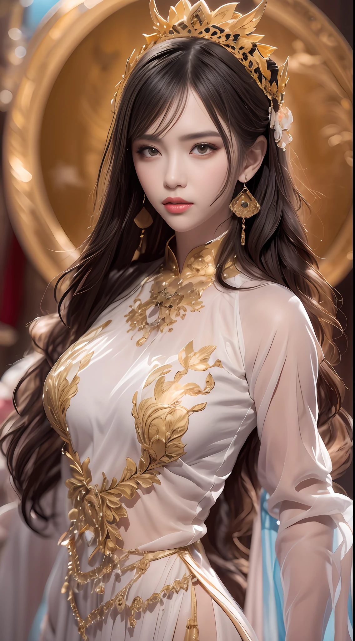 Portrait of a young 20-year-old saint, a saint with a beautiful and super cute face, Chinese doll, super cute face, holy woman wearing a combination of ao dai and thin pants with red color and yellow lace trim, beautiful face without blemishes, shut up, ((long hair seven colors rainbow:1.2)), Front bangs, long straight hair tied neatly,, hair brooch, hanfu dress, chinese ancient style, Neck and hand necklaces, small earrings, hair jewelry, hair brooches, ao dai with many meticulous motifs, forehead tattoo,Big and round breasts, The female saint's breasts are round and very full, breast augmentation, innocent face, The most beautiful and detailed light red lipstick, ((Thin plump lips:0.3)), ((Golden eyes:1.2)), The eyes are delicately decorated,(white and detailed) cinematic, light and dark, dramatic lighting, magical light, extremely detailed light, true color, super sharp, realistic, 8k quality, fantasy universe background, saints and magical space, the most detailed images, Solo, a saintess, ((looking directly at the saint's upper body:0.4)), ((smooth skin:0.5)), Extremely detailed pixels, super true, extremely detailed and complex graphics, the highest resolution, close-up portrait,