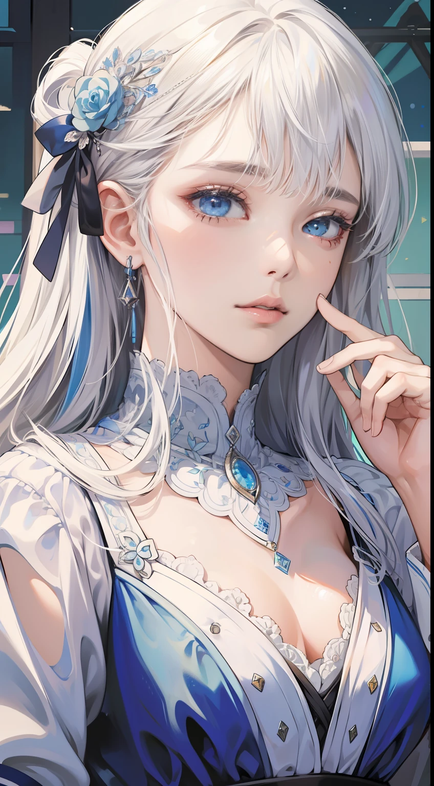 (absurdres, highres, ultra detailed), 1girl, mature female, white hair, long hair, blunt bangs, blue eyes, dress, long sleeves, finely detailed eyes and detailed face, intricate details, BREAK mosaic art, small pieces, colorful tesserae, intricate patterns, tiled designs, durable surfaces, time-honored techniques BREAK macro photography, extreme close-up, intricate details, magnified textures, stunning clarity, hidden beauty, immersive perspective BREAK , artisanal creations, handmade goods, unique designs, intricate details, creative expression, skilled craftsmanship