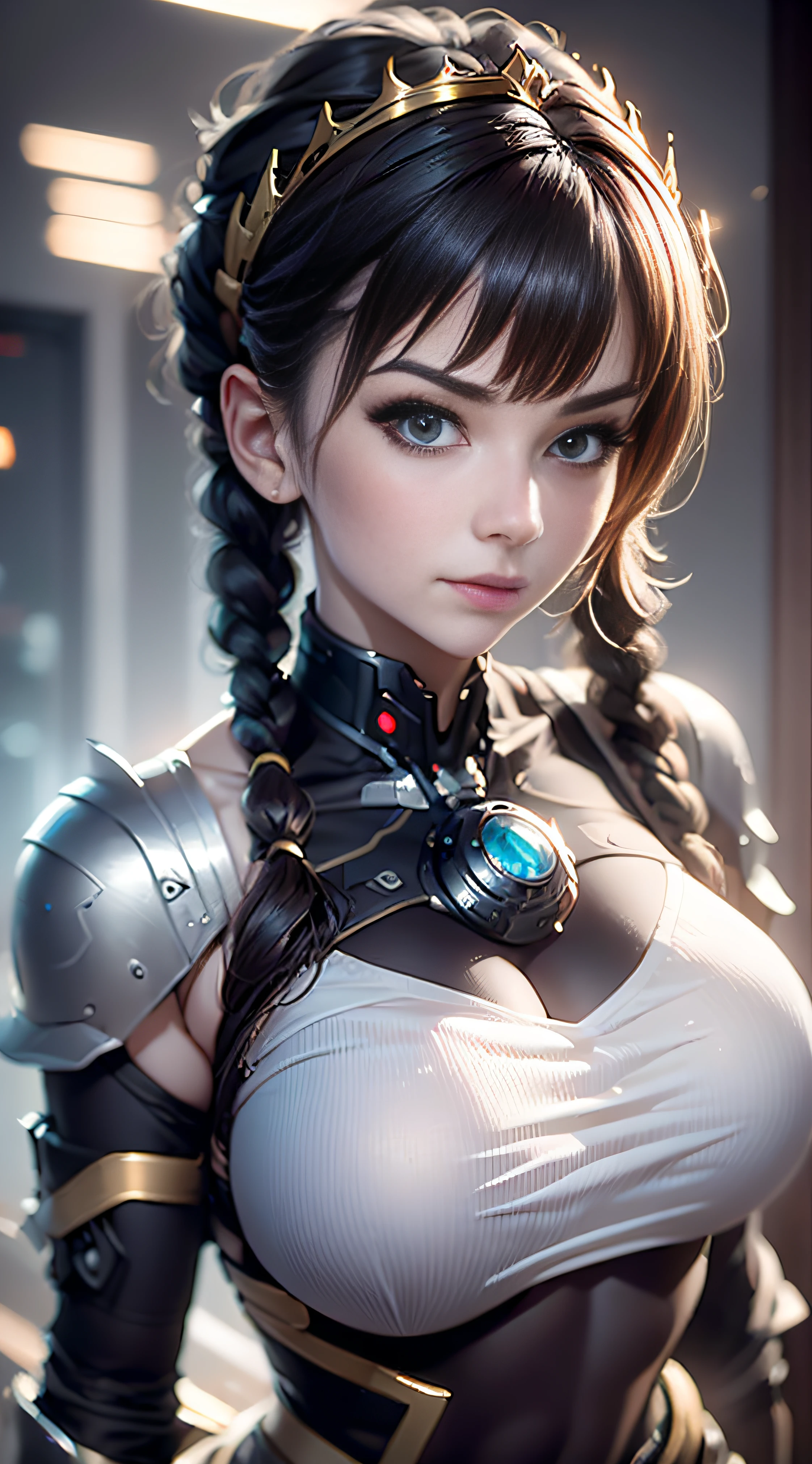 （best qualtiy））， （（tmasterpiece））， （The is very detailed： 1.3）， 3D， Chef mech，The eyes are delicate，largeeyes， Beautiful cyberpunk woman wearing a crown， with master chef style armor， Sci-fi technology， hdr（HighDynamicRange）， Ray traching， NVIDIA RTX， Hyper-Resolution， Unreal 5， sub surface scattering， PBR Texture， Post-processing，Huge breasts， Anisotropy Filtering， depth of fields， Maximum Acutance and Acutance， Many-Layer Textures， Specular and albedo mapping， Surface coloring， Accurate simulation of light-material interactions， perfectly proportions，rendering by octane，twotonelighting，Low ISO，White balance，trichotomy，largeaperture，8K raw data，High efficiency sub-pixel，sub-pixel convolution，light particules，Light scattering，Tyndall effect，Very sexy，full bodyesbian，Fighting posture，Brunette hair with braids，
Warming up