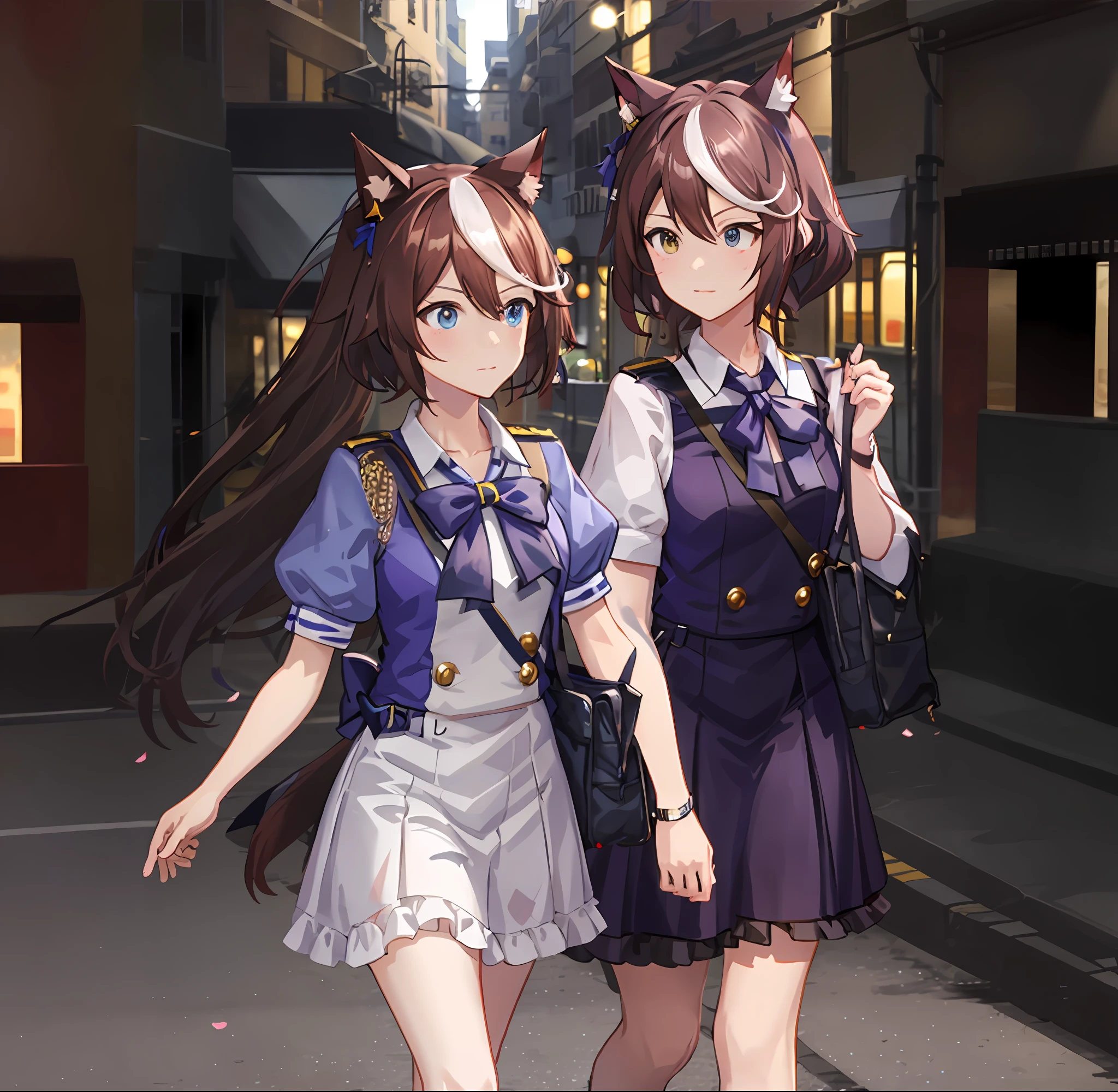 Anime characters in uniform walking down the street with handbags, anime moe art style, Kantai collection style, azur lane style, A scene from the《azur lane》videogame, From Arknights, Hestia, made with anime painter studio, in city street, anime cat girl in a maid costume, Very beautiful anime cat girl, anime girl with cat ears