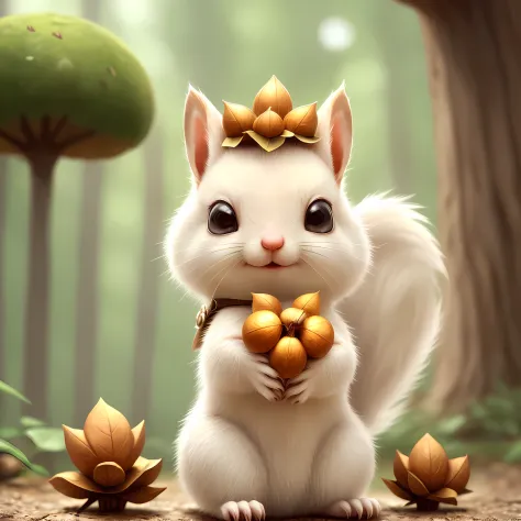 there is a small white squirrel with a acorn in its hand, cute forest creature, adorable digital painting, cute detailed digital...