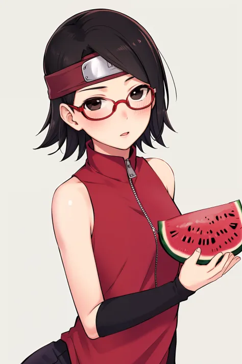 masterpiece, highest quality, best quality, 1boy, 1girl, solo, looking at viewer, age difference, 
uchiha sarada, bare shoulders, black eyes, black hair, blush, red framed glasses, short hair, forehead protector, holding watermelon,