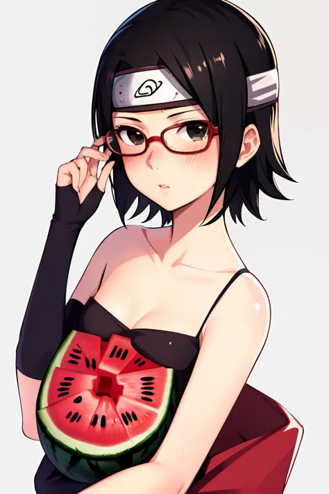 masterpiece, highest quality, best quality, 1boy, 1girl, solo, looking at viewer, age difference, 
uchiha sarada, bare shoulders, black eyes, black hair, blush, red framed glasses, short hair, forehead protector, holding watermelon,