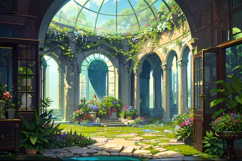 (top quality, masterpiece, ultra-realistic), indoor botanical garden, dome, lots of flowers, dense mass plants,  bright, sunlight, summer, aesthetic and beautiful, lo fi, ghibli style
