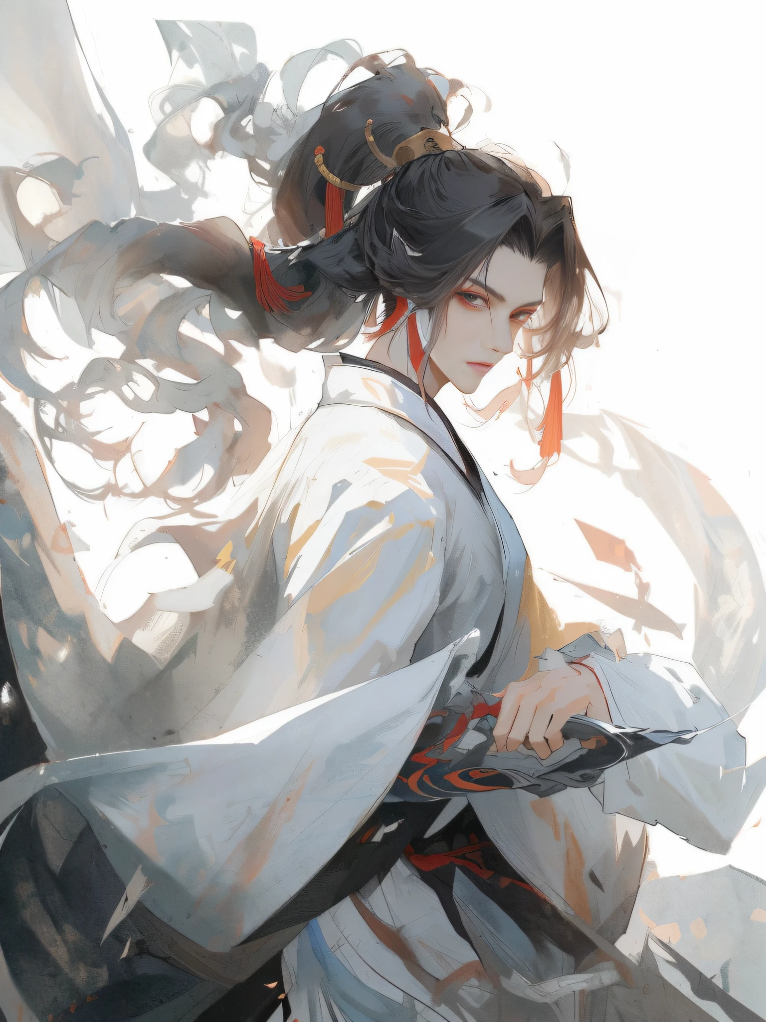 Anime character with long hair and white robe sword, handsome guy in demon killer art, flowing hair and long robes, Inspired by Seki Dosheng, by Yang J, Guviz-style artwork, inspired by Wu Daozi, Flowing white robe, Beautiful character painting, Inspired by Zhao Yuan, author：Zhou Fang, full-body wuxia