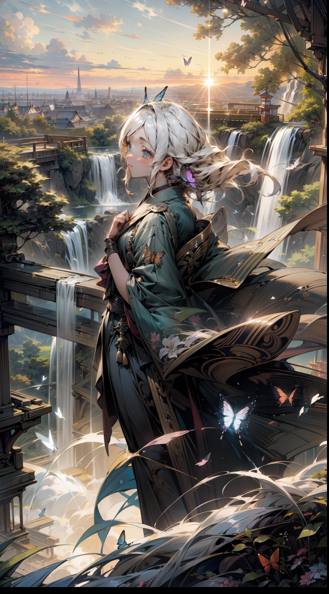 ((cinematic)), [masterpiece], potrait of fit blonde japanese girl, raising one hand, look at the sky, waterfall panorama with butterfly suround her, clear blue sky, twilight, sunset