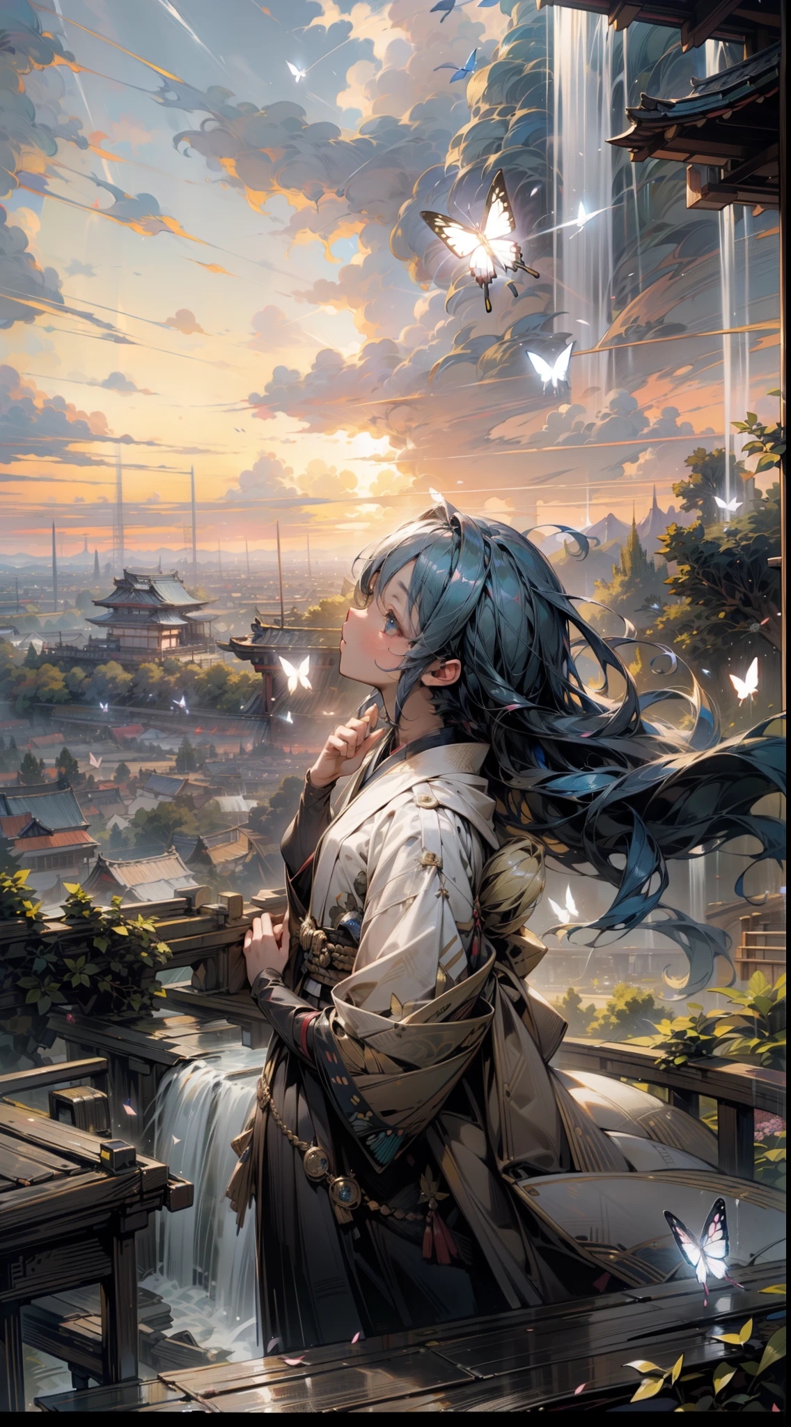 ((Cinématique)), [chef-d&#39;œuvre], potrait de fille japonaise blonde en forme, lever une main, Regarde le ciel, panorama de cascade avec papillon qui l&#39;entoure, ciel bleu clair, Crépuscule, coucher de soleil