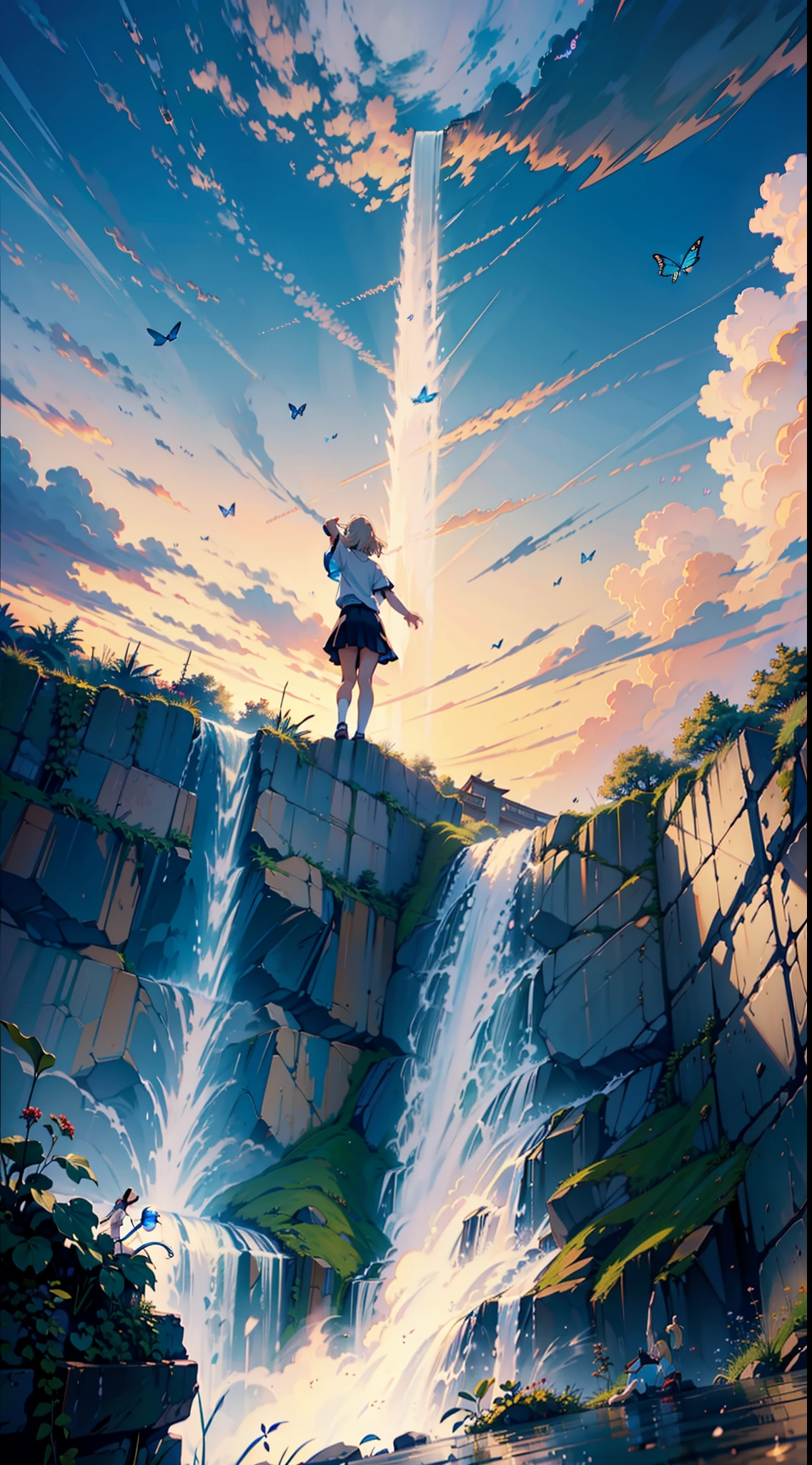 ((cinematográfico)), [obra maestra], Potrait de chica japonesa rubia en forma, Levantando una mano, mira al cielo, Panorama de la cascada con mariposa alrededor de ella, cielo azul claro, crepúsculo, atardecer