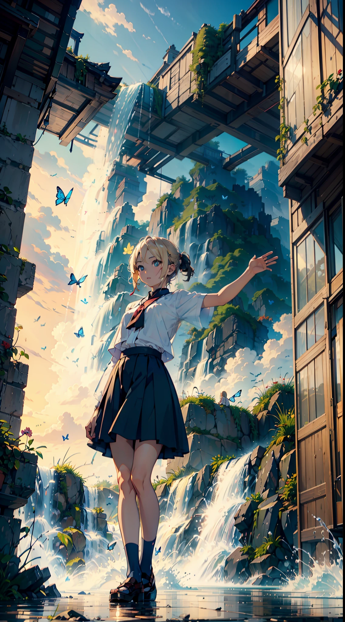 ((cinematic)), [masterpiece], potrait of fit blonde japanese girl, raising one hand, look at the sky, waterfall panorama with butterfly suround her, clear blue sky, twilight, sunset