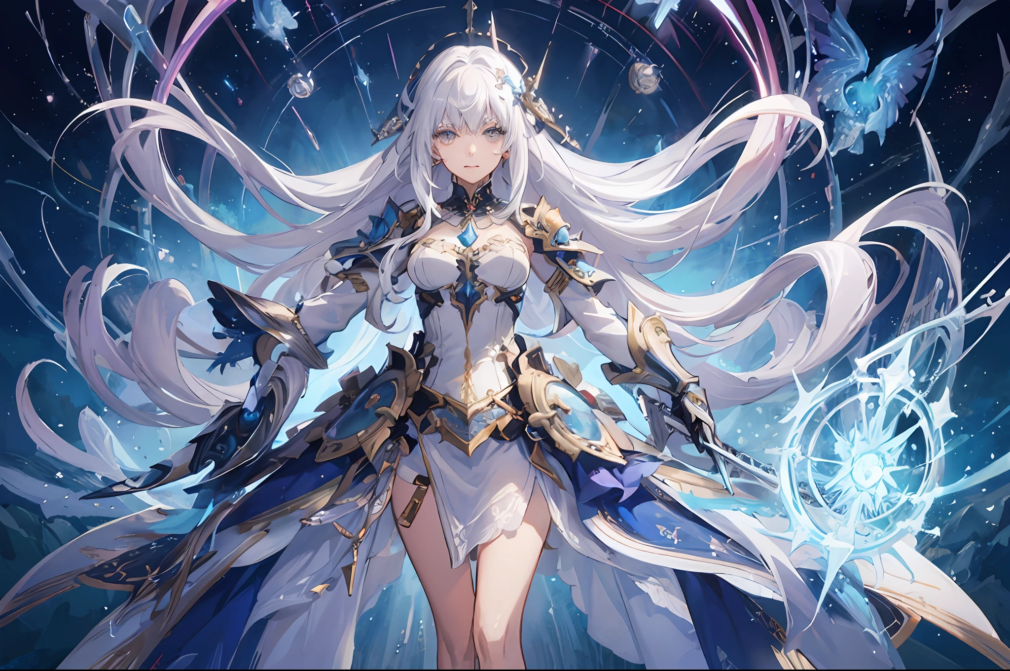 Woman in white dress with long white hair and sword, cushart krenz key art feminine, Detailed key anime art, white haired god, beautiful celestial mage, portrait knights of zodiac girl, anime fantasy artwork, anime goddess, high detailed official artwork, anime fantasy illustration, beautiful fantasy anime, detailed anime character art, Trending on ArtStation pixiv