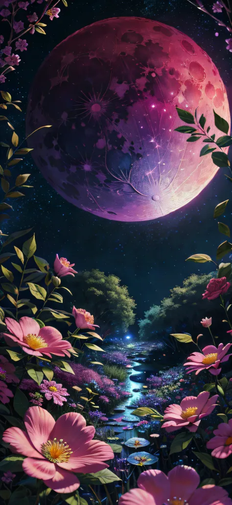paint (strokes)+, atmosphere, nature scenery, aspect ratio 1:1, raytracing, Bokeh, smooth, (colorful), (detailed complex busy background: 0.8), fantasy flowers, (night:1.4), intricate details, beautiful glitters, flat illustration, detail love, (ultra-deta...