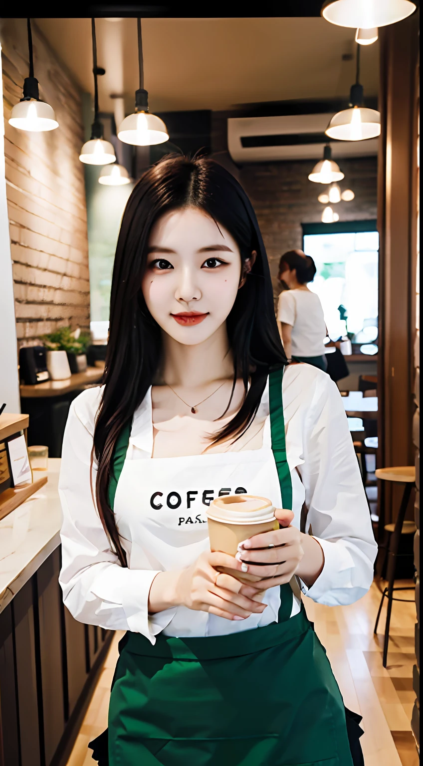 Generate a beautiful older sister with no makeup who is carrying coffee in a café in the afternoon with the highest quality and resolution. She wears a white shirt and green apron, and her beautiful black hair is tied into one for a clean look.