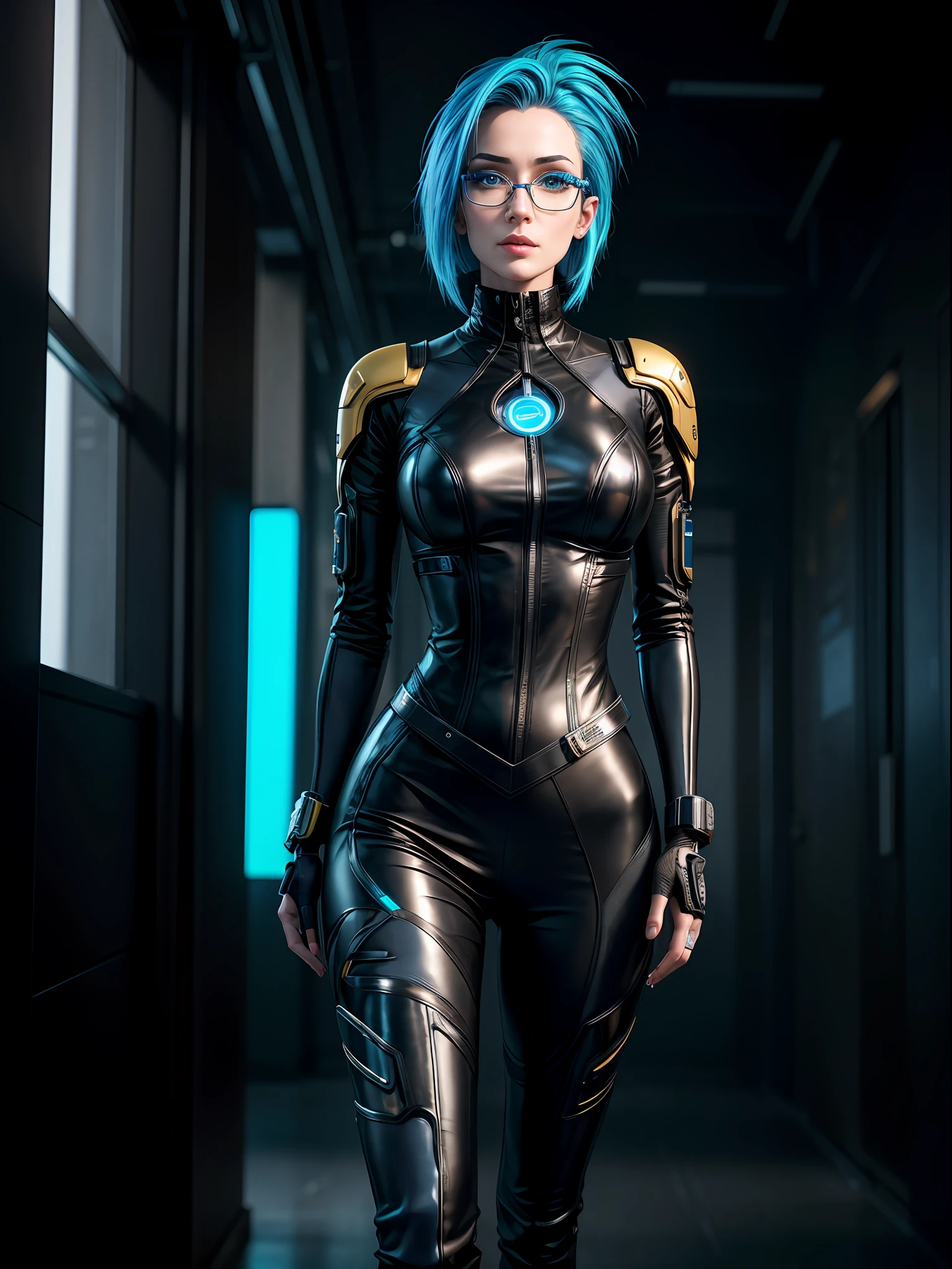 3/4 body, Name: Lyra. A cyberpunk styled female character in her late twenties. She stands at a medium height with a slender build. Her hair is a vibrant shade of neon blue, cut in a sleek bob that frames her face. She has piercing ice-blue eyes and a sharp, angular face. She is dressed in a futuristic secretary outfit, consisting of a high-collared, metallic silver blouse and a black pencil skirt. She wears a pair of high-tech glasses that display various data. The corporate logo is subtly displayed on her outfit, hyper realistic, photorealistic, Unreal Engine 5