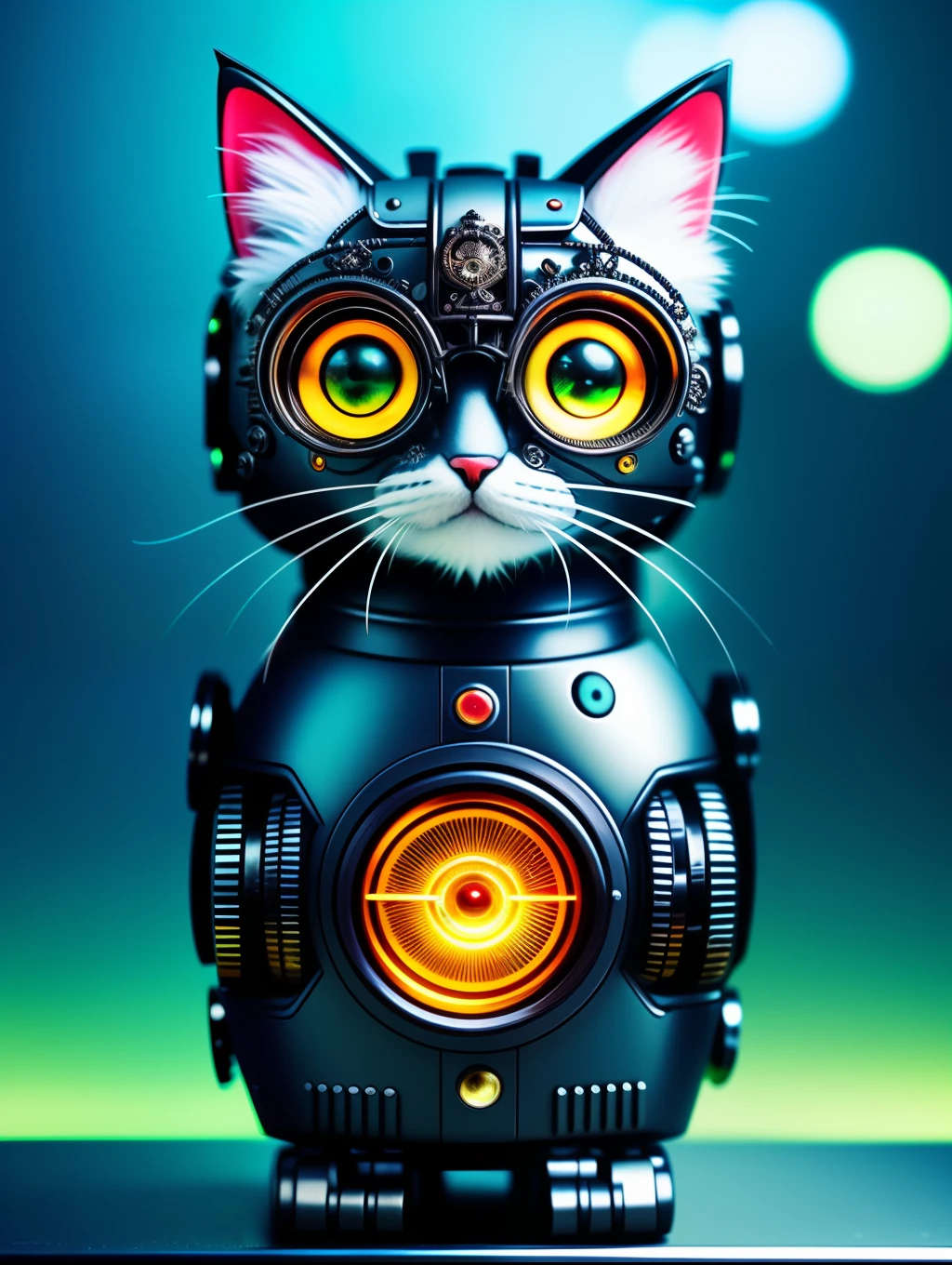 Un joli chaton moelleux en métal, robot, Style cyberpunk, horlogerie, ((détail complexe)), hdr, gros yeux, ((détail complexe, super détail)), tube à vide ou tube, Objectif de cinéma, vignette, Arrière-plan de l’effet bokeh
