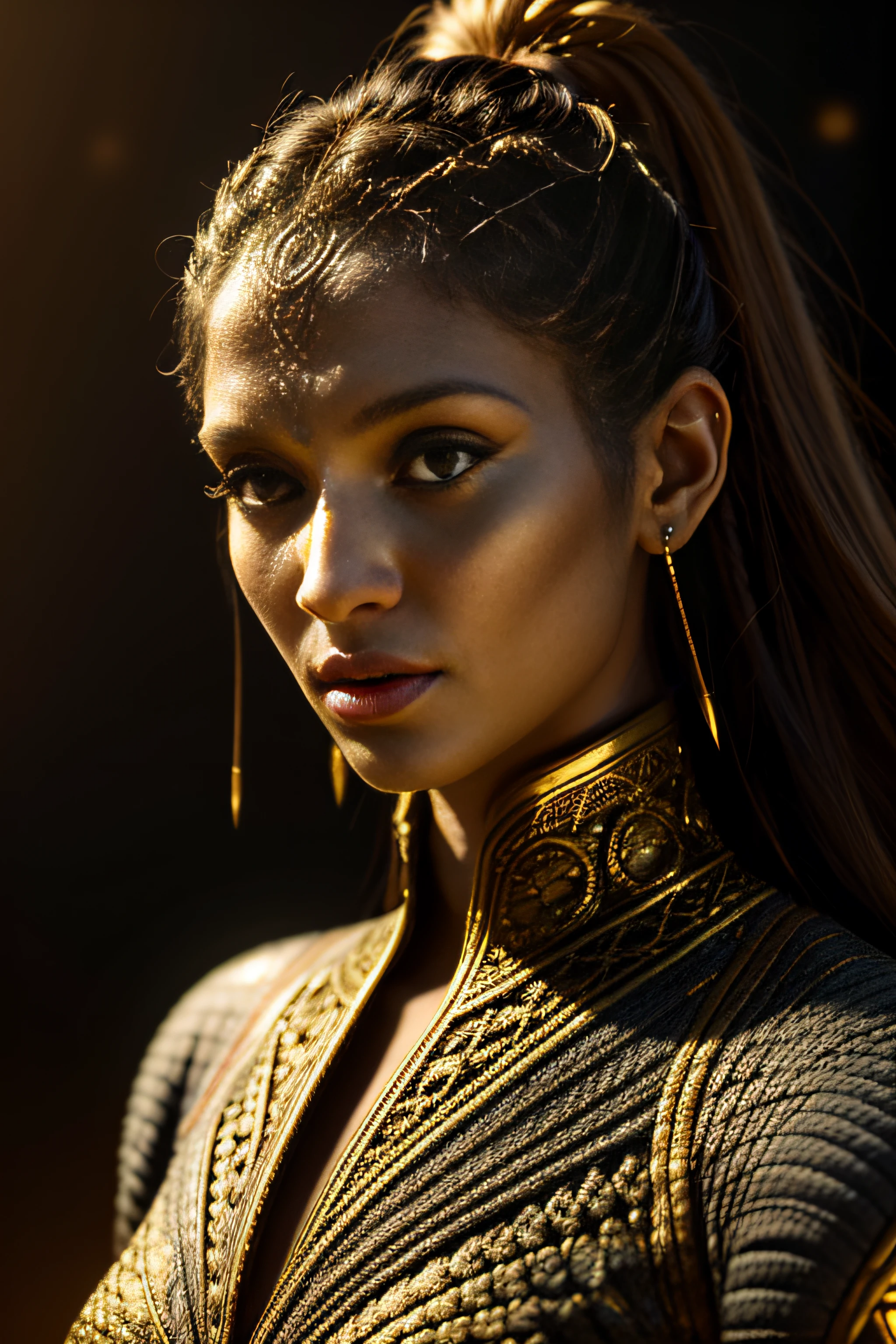 Intricate portrait of an Avatar Na'vi, soft warm light, Pandora sky background. stunning interpretive visual, maximalist Na'vi outfits. f1.0lens, tilt-shift, shalllow DOF. dramatic lighting. chiaroscuro