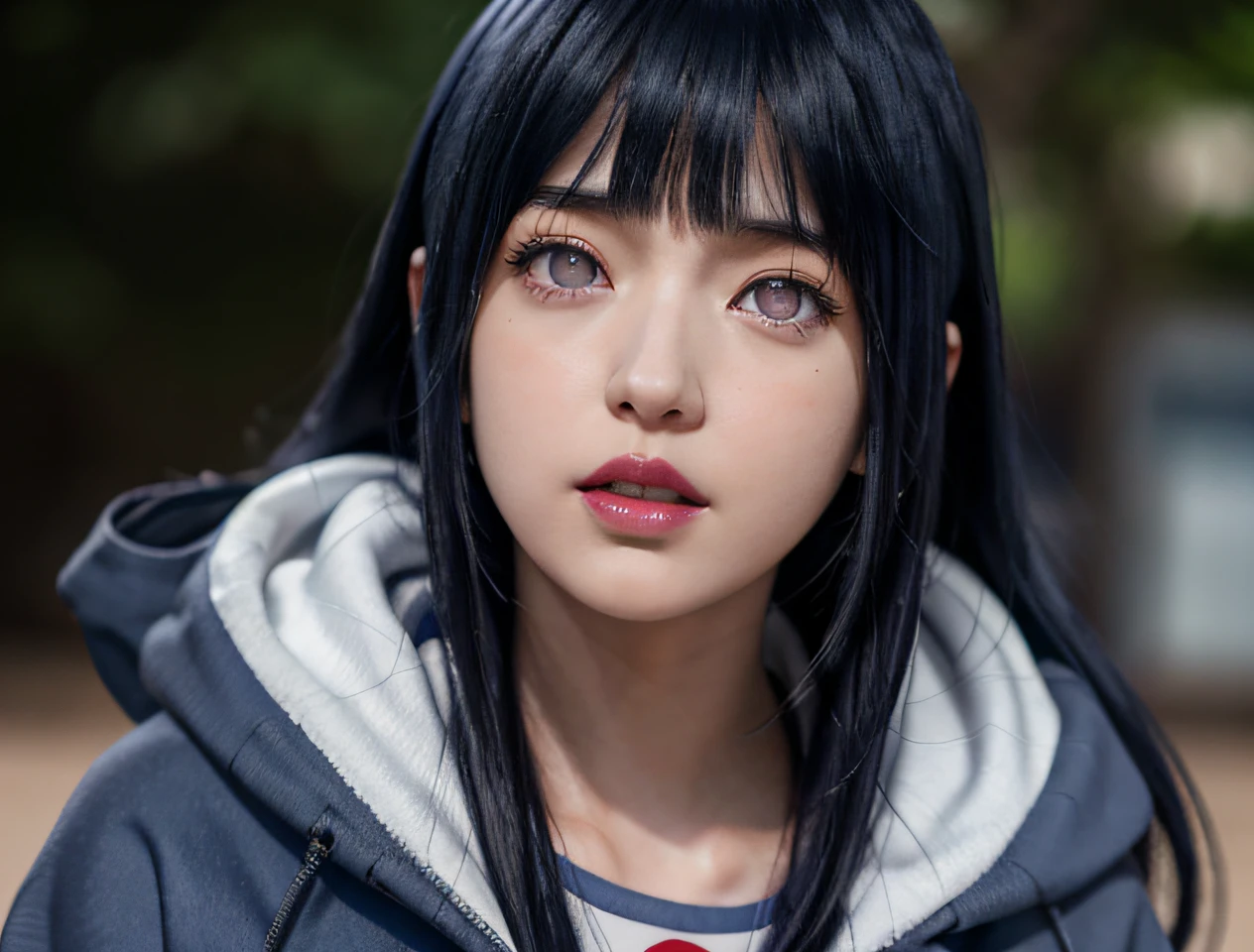 eine Nahaufnahme einer Person mit langen Haaren und einem Kapuzenpullover, Hinata Hyuga, Hinata Hyuga von Naruto, von Naruto, as an Anime-Figur, perfektes Anime-Gesicht, she has dunkelblaue Haare with bangs, female Anime-Figur, Anime-Figur, Anime bestes Mädchen, Hime-Cut-Frisur, dunkelblaue Haare, (rote glänzende Lippen:1.3), hellviolette Augen