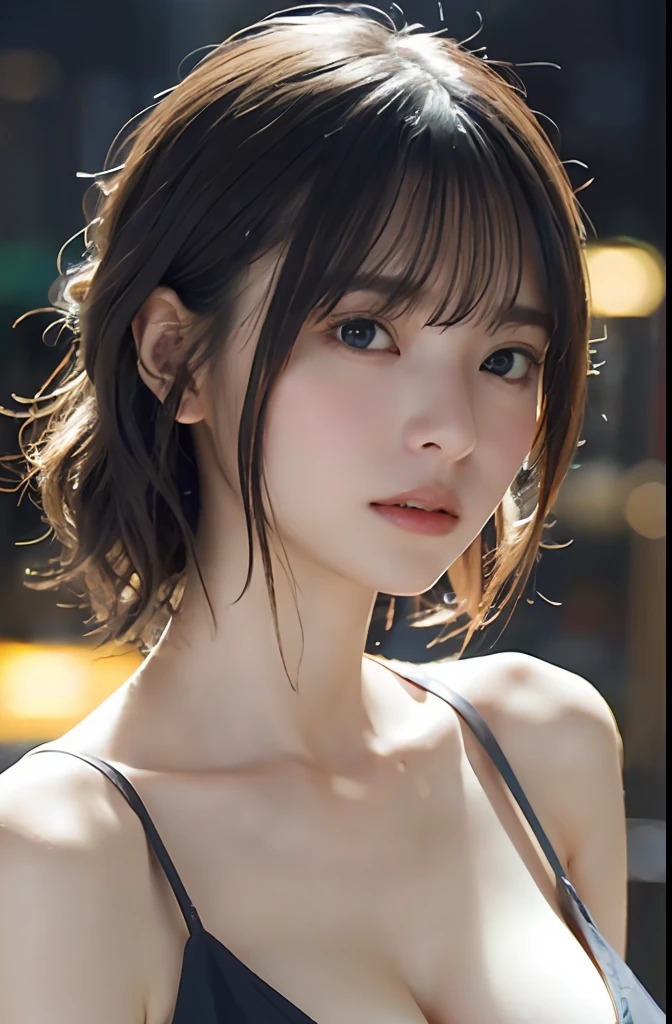 random pose, mix4, (8k, RAW photo, best quality, masterpiece: 1.45), (realistic, photorealistic: 1.37), one girl, cute, cityscape, night, rain, wet, professional lighting, photons mapping, radiosity, physically based rendering, gradient black hair, gray hair, short curly hair, handsome, girl, Deep V-neckline slip dress, pale skin, top quality photo, high res, 1080p, (clear face), (detailed face description), (detailed hand description), (masterpiece), (exquisite CG), extreme light and shadow, disheveled hair, master work, rich details, (fine facial features), (highest quality photo), (masterpiece), (detailed eyes), look in front of you eyes, fine clavicle, (large breasts:1.4),