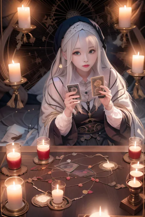 Mysterious woman doing tarot reading,Tarot Reading,cute  face,Blunt bangs, Straight hair, Shiny hair,Medieval mystery clothes,My...