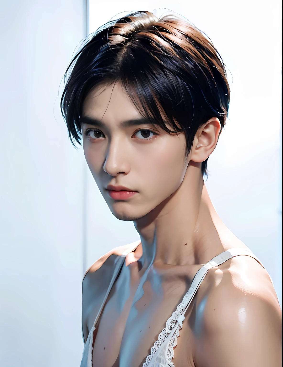 Bust photo，Side ID photo，Side face，smooth jaw，White lace bra，比基尼，Hermaphroditic men，with fair skin，White lips，eye glass，The light is even，with a pure white background，plain face，korean people，male people，nakeness，Smooth shoulders，鎖骨，Turn Back，Short broken hair，Youth，cool guy，18yr old，scowling，cool guy，Slim young handsome guy，