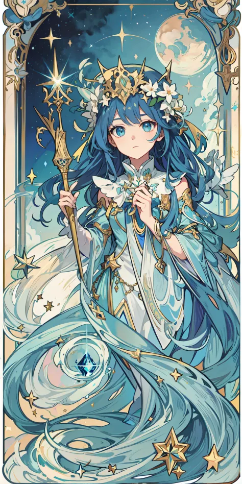 （（tmasterpiece：1.2，best qualtiy），独奏，magical little girl，wands，An Alphonse Mucha's：1.1，blue gradient hair，The upper part of the body，frontage，Staring straight ahead，tarot cards：1.3，darkly，the night，Skysky，dark cloude，As estrelas，galactic）