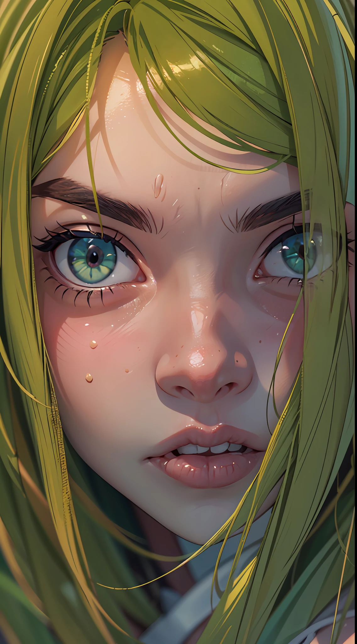 An extremely closeup of a 30 years old girl's face. Her piercing green eyes gaze directly into the camera, drawing the viewer in with their intensity. The faintest hint of a smile tugs at the corner of her lips, revealing a mysterious aura. Her complexion is illuminated with soft, natural light, enhancing her natural beauty. Strands of her dark, lustrous hair frame her face, adding a touch of elegance to the shot. The image captures a moment of vulnerability and strength, evoking curiosity about the stories hidden behind those eyes. Photo taken by Rankin with a Sony Alpha 1, Studio lighting, and Colored gels, 8K, Ultra-HD, Super-Resolution.